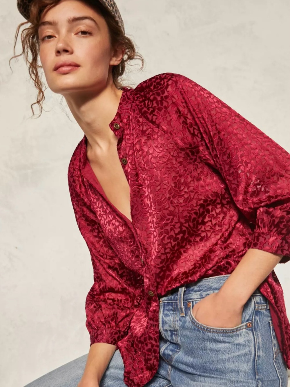 Anthropologie Susanna Burnout Velvet Oversized 3X Buttondown Semi Sheer Blouse